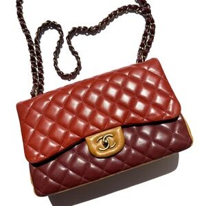 CHANEL Classic Jumbo Quilted Lambskin Tri-Color Burgundy Double Flap Bag